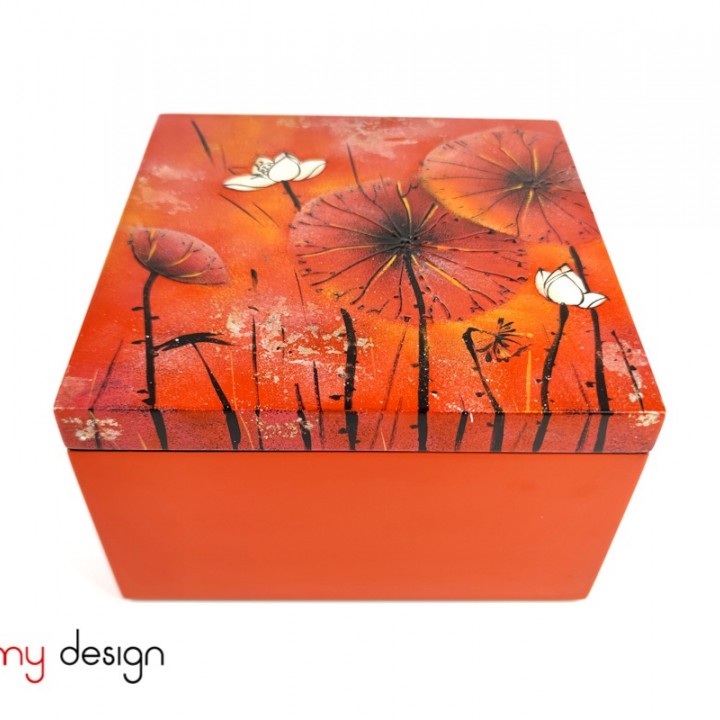 Orange square lacquer box hand painted with lotus pond 20*H12 cm